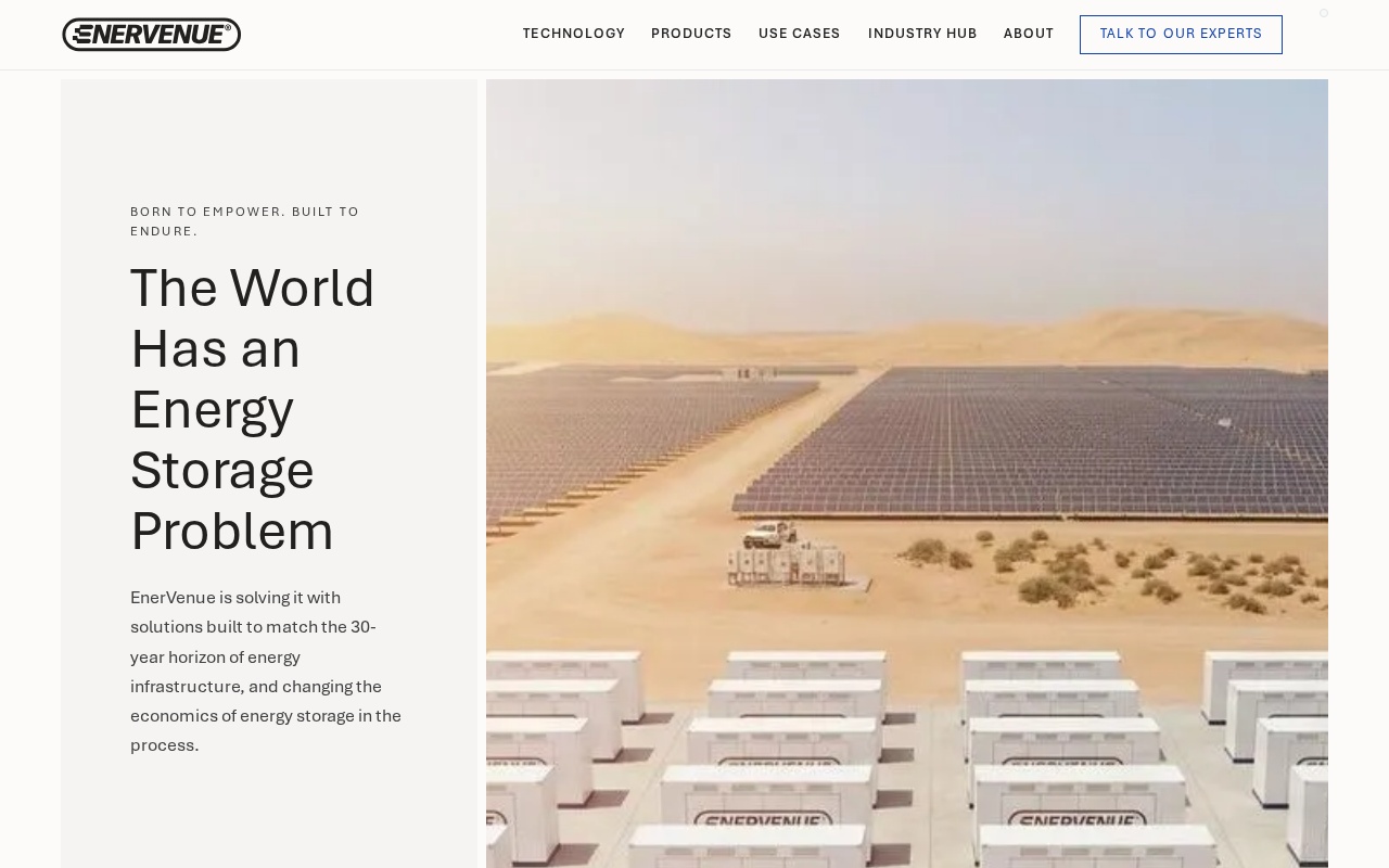 EnerVenue's live website, with its brand identity and energy-storage installation