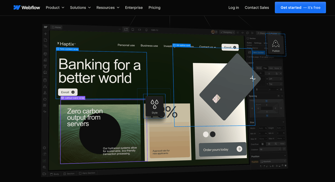 Screenshot displaying hero section of webflow homepage